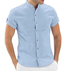 Men's Shirt Linen Shirt Band Collar Shirt Popover Shirt Summer Shirt Beach Wear Solid Color Vacation Street White Navy Blue Sky Blue Short Sleeve Mandarin Coll