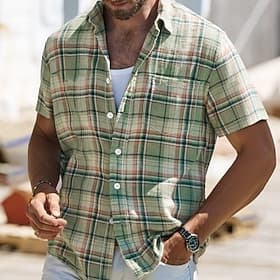 Men's Shirt Linen Shirt Summer Shirt Dress Shirt Beach Shirt Button Up Shirt Plaid Casual Daily Wear Green Short Sleeve Turndown Summer Clothing Apparel Front