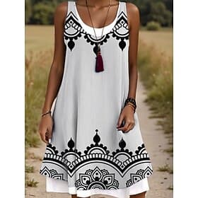Damen Midikleid Trägerkleid Mode Klassisch Täglich Outdoor Wochenende Normale Passform Grafik Geometrisch Ärmellos Rundhalsausschnitt Schwarz und Weiß Sommer F