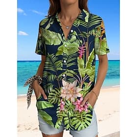 Women's Shirt Short Sleeve Button Down Blouse Graphic Leaf Hawaiian Vintage Tropical Daily Sleeveless Shirt Collar Regular Tops Daily Red Blue Purple Green Lig