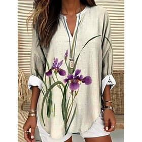 Women's Blouse Linen Like Breathable Lightweight Tunic V Neck Long Sleeve Boho Casual Tops Floral Graphic Elegant Vintage Daily Regular Tops Daily Wear Print W