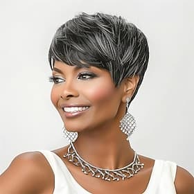 Parrucca pixie cut, parrucche corte per donne nere, parrucca pixie nera mista a grigio, parrucche corte per donne nere