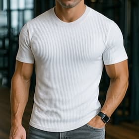 Voor heren T-shirt Spier shirt Geribbeld gebreid T-shirt Korte Mouw Strakke ronde hals Zomer Alle seizoenen Effen Pitstrook Modieus Ontwerper Basic Puur Casual
