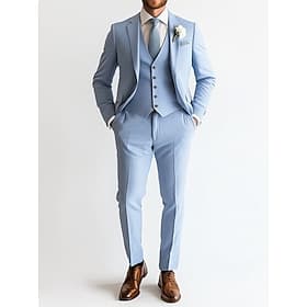 De los hombres Trajes de Lino boda en la playa Boda Azul cielo Primavera verano Traje Solapa de Pico Moda Formal Color sólido Estándar Juego de 3 piezas Recto