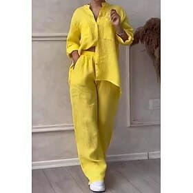 Femmes 100% Coton Ensembles en coton et lin manche longue Col de chemise Couleur Unie Actif Basique Décontracté Quotidien Blanche Jaune Violet Été Coupe réguli