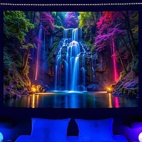 Tapisserie Nocturne Lumineuse en Noir UV Réactive Cascades Trippy Montagne Brumeuse Paysage Nature Tapisserie Suspendue Décoration Murale pour Salon Chambre