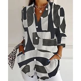 Women's Geometric Print Lapel Button Down Shirt Long Sleeve Casual Loose Blouse with Pockets for Daily Holiday Wear Multiple Colors