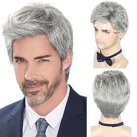 Perruque homme courte gris argenté, perruque homme cheveux synthétiques naturels superposés pour homme homme homme quotidien Halloween