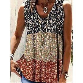 Femmes Débardeur Débardeur caraco Imprimé Fleuri Bohème Ethnique Sans manches Col en V Hauts Réguliers Quotidien Fête Bleu Bleu Roi Chameau Fuchsia Vert Été
