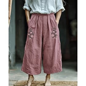 Femmes Pantalon en coton et lin Slacks Streetwear Boho Longueur complète Naturel Fleur Avec Poches Taille Élastique Impression Confortable Extérieur Fête Sorti