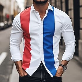 Bastilledag Voor heren Vaderlandslievend Franse vlag Overhemd Hawaiiaans overhemd Overhemd met knopen Lange mouw Hawaii Buiten Feestdagen Zomer Lente Strijkijz