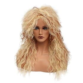 70er 80er lange lockige Perücke Rocker Vokuhila Perücken blond für Männer Frauen lustige Perücken Punkrocker Cosplay synthetisch Halloween Disco Party