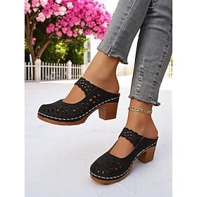 Damen-Pantoletten zum Hineinschlüpfen mit ausgehöhltem Blockabsatz – Vintage-Sandalen aus Kunstleder, perfekt für gemütliche Spaziergänge, Brunch im Garten, Ku