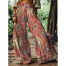 Women's Boho Wide Leg Chinos Baggy Pants Vacation Vintage Ethnic Style Full Length High Waist Floral Graphic Printing Thermal Warm Soft Breathable Micro-elasti