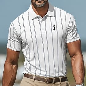 Herren Sport-Poloshirts Sport Revers Kurzarm Vertikale Streifen Knöpfe Sommer Rubinrot Weiß Sport-Poloshirts