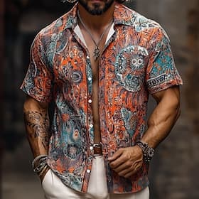 Men's Boho Vintage Indian Shirt Summer Hawaiian Shirt Button Up Shirt Short Sleeve Hawaiian Vacation Holiday Beach Wear Summer Spring Turndown 3D Print Collare