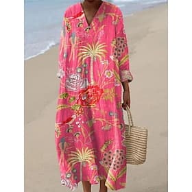 Women's Midi Dress V Neck Long Sleeve Kaftan Lightweight Loose Fit A Line Dress Casual Boho Party Going out Floral Graphic Long Sleeve V Neck Light Pink White