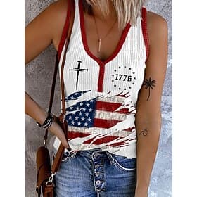 Independence Day Patriotic Women's Camisole Tank Top Graphic Flag Vintage Stylish Casual Sleeveless V Neck Regular Tops Daily Print Black White Summer Spring