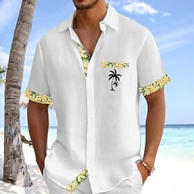 Men's Shirt Linen Shirt Summer Shirt Beach Shirt Button Up Shirt Coconut Tree Holiday Daily Wear White Pink Sky Blue Green Short Sleeve Turndown Summer Clothin
