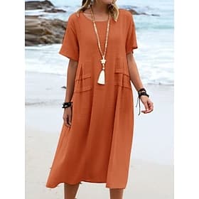 Femmes Robe Midi Coton mélangé Robe fourreau Robes en coton et lin Robe Décontractée Classique Moderne Quotidien Week-end Coupe régulière Uni Manche Courte Col
