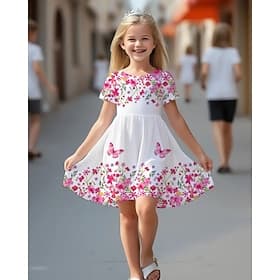 Mädchen' 3D Blumen Schmetterling Kleid Kurzarm Sommer Frühling Urlaub Täglich Ferien Prinzessin Schön Süß Kinder 4-12 Jahre Freizeitkleid A Linie Kleid Knielan