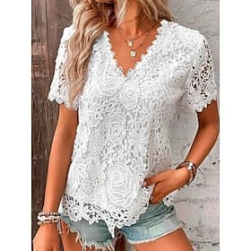 Women's T Shirt Solid Color Graphic Plain Fashion Modern Casual Short Sleeve V Neck Regular Tops Daily Weekend Lace Patchwork Black White Pink Red Summer