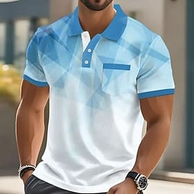 Men's Geometric Polo Short Sleeve Turndown Business Casual Daily Business Sports Outdoor Casual Daily Pocket Buttons Summer Robin's Egg Blue Dark Blue Green