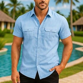 Homens Camisa Social Camisa casual camisa de botão Tecido Férias Casual Preto Branco Azul Marinha Azul Manga Curta Aberto para a Lateral Primavera Verão Roupa