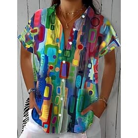 Women's Shirt Short Sleeve Button Down Blouse Graphic Geometric Color Gradient Vintage Tropical Daily Shirt Collar Regular Tops Daily Pink Blue Green Summer Sp