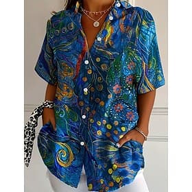 Women's Shirt Short Sleeve Button Down Blouse Floral Graphic Daily Casual Shirt Collar Regular Tops Daily Blue Summer Spring