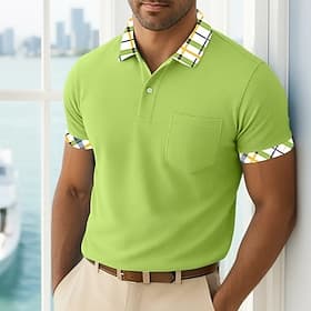 Men's Golf Shirt Pique Polo Shirt Casual Business Classic Short Sleeve Fashion Basic Solid Color Plaid Buttons Summer Spring Spring Fall Regular Fit White Gr