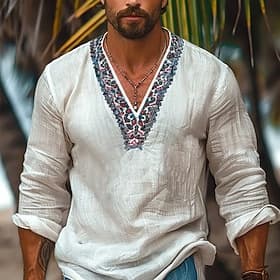 Men's Shirt Linen Shirt Popover Shirt Summer Shirt Beach Wear Retro Shirts Solid Color Vacation Holiday White Long Sleeve V Neck Summer Spring Clothing Apparel