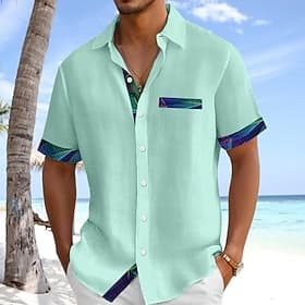 Men's Shirt Linen Shirt Summer Shirt Beach Wear Button Up Shirt Solid Color Casual Beach Black White Green Light Blue Short Sleeve Collar Spring Summer Summer