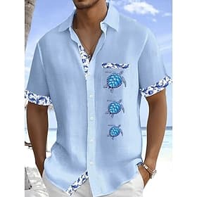 Homme Chemise Chemise en lin Chemise d'été Chemise de Plage Chemise Boutonnée Tortue Vacances Fête Blanche Rose Claire Bleu Ciel Vert Manche Courte Col Rabattu