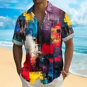Voor heren Geometrisch Kleurenblok Splash inkt Overhemd Zomer overhemd Overhemd met knopen Korte mouw Mode-casual Buiten Vakantie Dagelijks gebruik Zomer Lente
