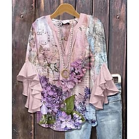 Women's Blouse V Neck Floral Graphic Paisley Bohemia Vintage Daily Long Sleeve 3/4 Length Sleeve Flutter Sleeve Regular Tops Daily Holiday Vacation Wear Ruffle