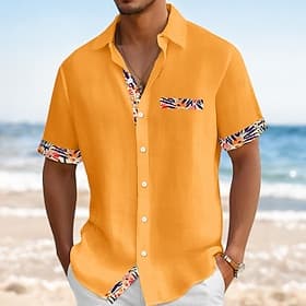 Men's Shirt Linen Shirt Summer Shirt Beach Wear Button Up Shirt Solid Color Vacation Curise White Navy Blue Orange Khaki Short Sleeve Collar Summer Spring Sum