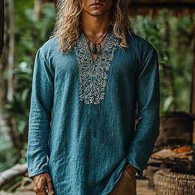Per uomo Camicia Camicia di lino Camicia popover Camicia Estiva Abbigliamento da spiaggia Geometrico Vacanza Streetwear Vino Blu marino Blu Manica Lunga Scollo