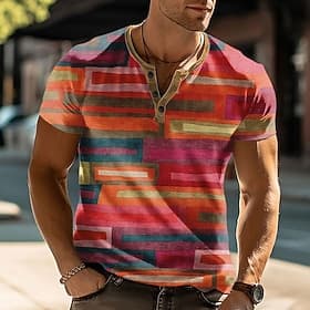 Herren Geometrisch T Shirt Henley Hemd Kurzarm Designer Modern Henley Lässig Täglich Straße Sommer Frühling Rosa Henley Henley T-Shirt