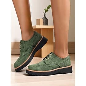 Women's Green Faux Suede Oxford Shoes – Classic Wingtip Brogues with Rubber Sole for Workwear, Fall Commute and Everyday Smart Looks