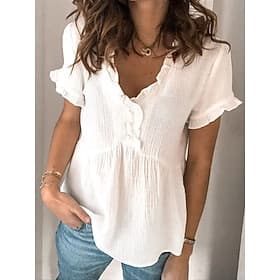 Damen Hemd Sommeroberteile Einfarbig Lässig Strand Kurzarm V Ausschnitt Normale Oberteile Beige Sommer