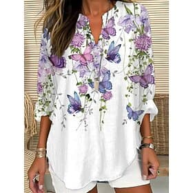 Women's Shirt Buttons Print Animal Butterfly Stylish Modern Long Sleeve V Neck Regular Tops Daily Holiday White Gray Summer