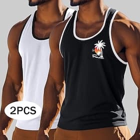 2 Piece Men's Tank Top Vest Top Sleeveless Shirt Muscle Shirt Sleeveless Crew Neck Summer Coconut Tree Sports Fashion Casual 2 Piece White Black Green Grey Tan