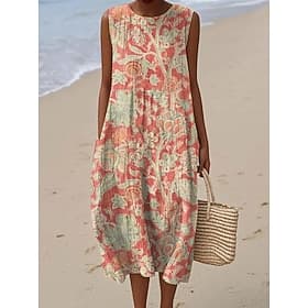 Women's Midi Dress Linen Like Sundress Shift Dress A Line Dress Vacation Casual Boho Party Going out Beach Loose Fit Floral Graphic Sleeveless Crewneck Light B