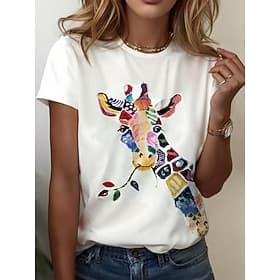 Femmes T-shirt Imprimé Graphique Animal Girafe ancien Élégant Classique Manche Courte Col ras du cou Col rond Hauts Réguliers Quotidien Week-end Bleu Blanche J