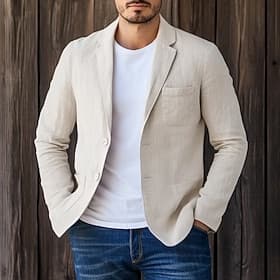 Hommes Blazer en lin Manteau de sport Vacances Occasionnel Mode Quotidien Printemps Été Lin Coton et Lin Couleur Unie Confortable Boutonnage simple deux bouto