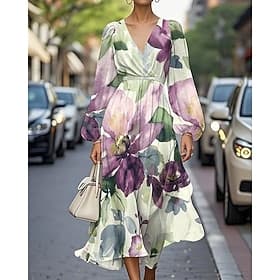 Women's Midi Dress Casual Dress Print Dress Elegant Fashion Outdoor Party Holiday Regular Fit Flower Long Sleeve V Neck Blue Pink Purple Summer Spring