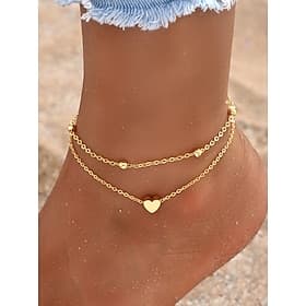 Bracelet de cheville double couche avec pendentif cœur en or pour femme – bijou délicat pour la plage avec chaîne perlée pour les sorties estivales et les vaca