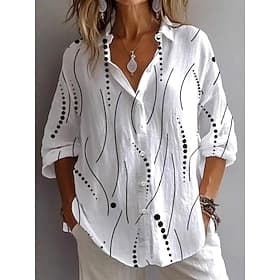 Women's Shirt Linen Like Breathable Lightweight Button Down Tunic Shirt Collar Long Sleeve Graphic Polka Dot Vintage Tropical Stylish Daily Holiday Going out s