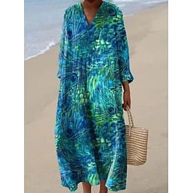 Women's Midi Dress V Neck Long Sleeve Kaftan Lightweight Loose Fit A Line Dress Casual Boho Going out Floral Graphic Long Sleeve V Neck Pink Blue Light Purple